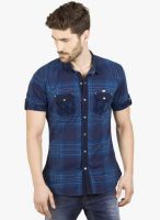 R&C Blue Solid Slim Fit Casual Shirt