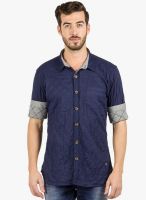 R&C Navy Blue Solid Slim Fit Casual Shirt