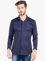 R&C Navy Blue Solid Slim Fit Casual Shirt