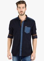 R&C Navy Blue Solid Slim Fit Casual Shirt