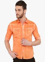 R&C Orange Solid Slim Fit Casual Shirt