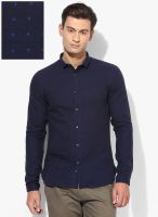 Sisley Navy Blue Printed Slim Fit Casual Shirt