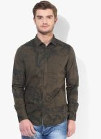 United Colors of Benetton Green Printed Slim Fit Casual Shirt