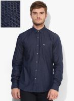 V Dot Navy Blue Printed Slim Fit Casual Shirt