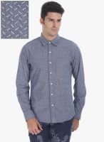 Zobello Navy Blue Printed Slim Fit Casual Shirt