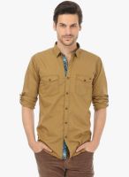 Basics Khaki Solid Slim Fit Casual Shirt