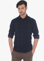 Basics Navy Blue Solid Slim Fit Casual Shirt