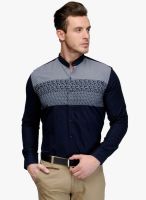 HANCOCK Navy Blue Printed Slim Fit Casual Shirt