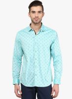 Monteil & Munero Aqua Blue Printed Slim Fit Casual Shirt