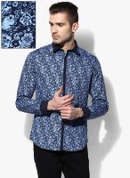 Monteil & Munero Blue Printed Slim Fit Casual Shirt