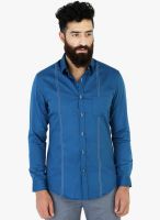 Mr Button Blue Solid Slim Fit Casual Shirt