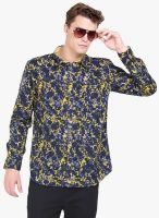 Orange Valley Navy Blue Printed Slim Fit Casual Shirt