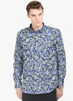 Orange Valley Navy Blue Printed Slim Fit Casual Shirt