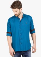 R&C Blue Solid Slim Fit Casual Shirt