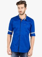 R&C Blue Solid Slim Fit Casual Shirt