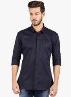 R&C Navy Blue Solid Slim Fit Casual Shirt