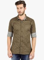 R&C Olive Solid Slim Fit Casual Shirt