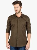 R&C Olive Solid Slim Fit Casual Shirt
