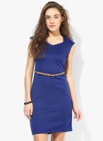 Annabelle By Pantaloons Blue Colored Solid Shift Dress With Belt