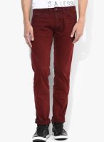 Gas Maroon Solid Slim Fit Jeans