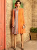 Inddus Orange Colored Embroidered Shift Dress