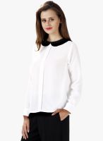 Miss Chase White & Black Long Sleeve Solid Collared Top
