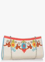 Molcha Beige/Multi Maheswari Thread Embroidered Clutch