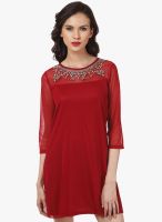 Oxolloxo Red Colored Embellished Shift Dress