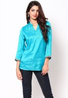 Tangerine Clothing Blue Front Pintuck Kurta With Embroidery At Cuff