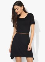 United Colors of Benetton Black Colored Solid Shift Dress With Belt