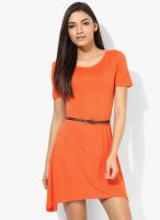 United Colors of Benetton Orange Colored Solid Shift Dress With Belt
