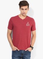 Forca By Lifestyle Maroon Printed V Neck T-Shirt