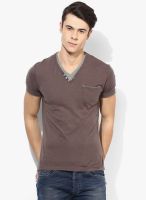 Gas Brown Solid V Neck T-Shirt
