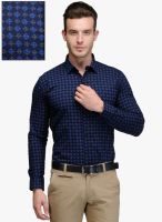 HANCOCK Navy Blue Printed Slim Fit Formal Shirt