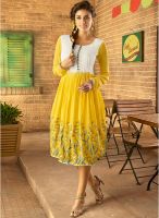 Inddus Yellow Colored Embroidered Skater Dress