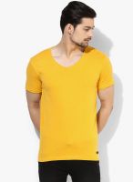 Jack & Jones Yellow Solid V Neck T-Shirt