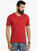 Jogur Red Solid V Neck T-Shirt