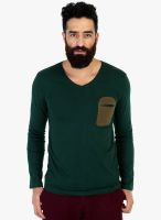 Mr Button Green Solid V Neck T-Shirt
