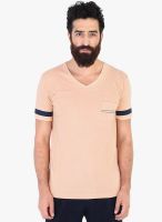 Mr Button Peach Solid V Neck T-Shirt