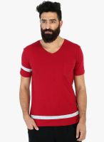Mr Button Red Solid V Neck T-Shirt
