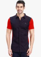 R&C Navy Blue Solid Slim Fit Casual Shirt