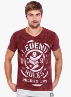 Rookies Maroon Printed V Neck T-Shirt