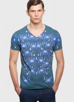 Sisley Blue Printed V Neck T-Shirts