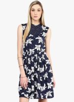 The Vanca Navy Blue Colored Printed Skater Dress