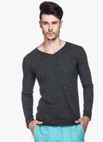 Tinted Black Solid V Neck T-Shirt