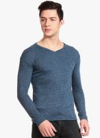 Tinted Blue Solid V Neck T-Shirt