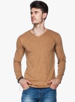 Tinted Brown Solid V Neck T-Shirt