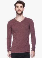 Tinted Maroon Solid V Neck T-Shirt