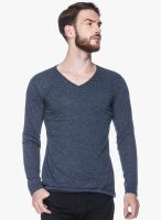 Tinted Navy Blue Solid V Neck T-Shirt