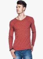 Tinted Red Solid V Neck T-Shirt